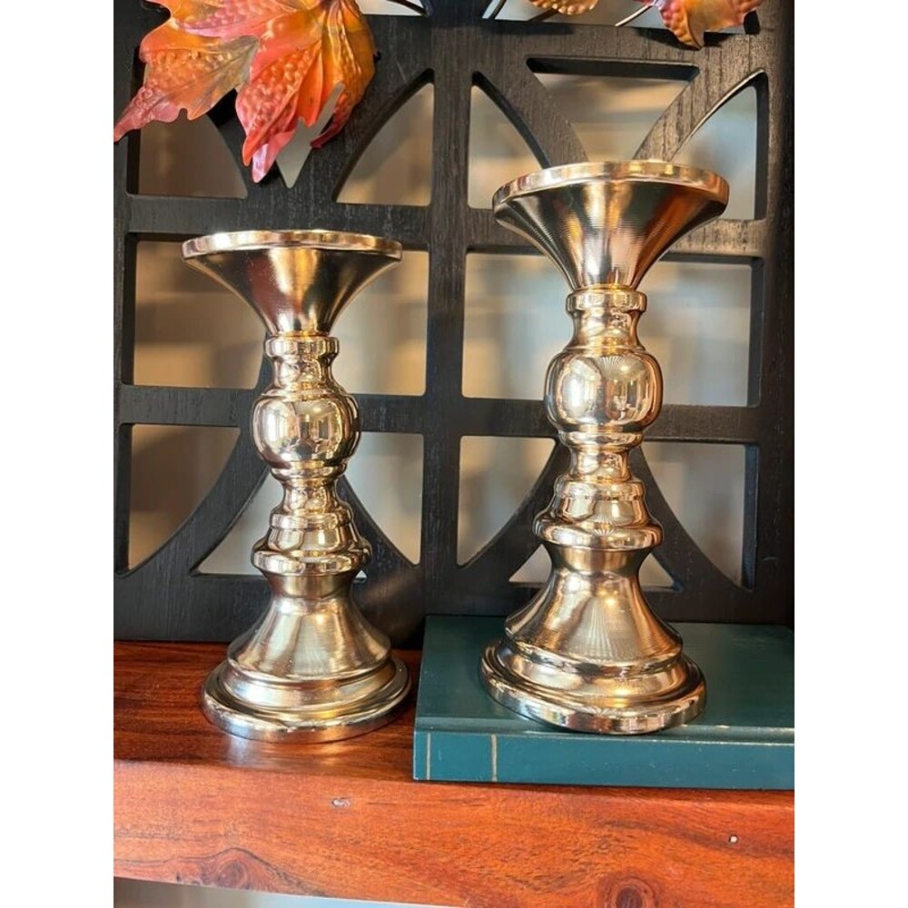 Gold Metal Pillar Candle Holders Set of 2 | Modern Candle Stands | Home Décor